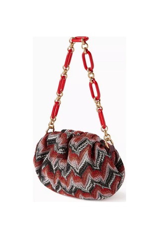 Missoni Mıssonı Lurex Örgülü Zincir Kese, Işıltılı & Şık Çanta, Zigzag Desen Omuz Çantası Kırmızı