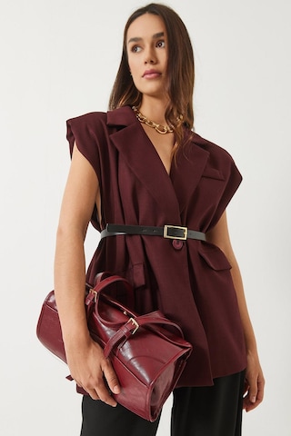 Shade Kadın Cep Detaylı Kemerli Vatkalı Oversize Astarlı Blazer Yelek 11143 60281003 - Bordo
