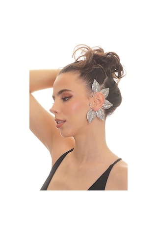 Kadın Gümüş Renk Lak Kaplama Zirkon Taşlı Dokulu Yaprak Stilizesi Sol Kulak Earcuff&kıkırdak Küpe Çok Renkli