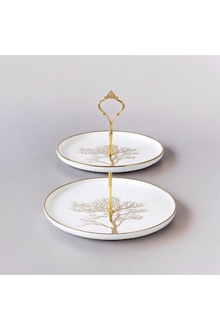 Autumn Hayata Ağacı Desenli Gold Kaplama Detaylı Porselen 2 Katlı Pasta Kurabiyelik Servislik