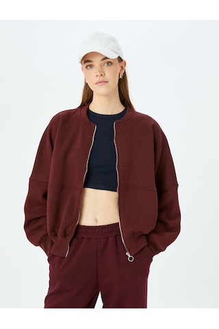 Koton Şardonlu Oversize Fermuarlı Dikiş Detaylı Sweatshirt Bordo 5wal10014ık