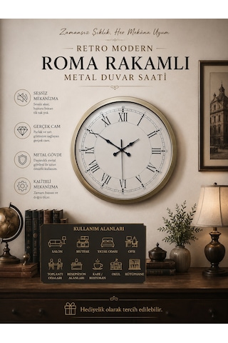 Retro Modern Roma Rakamlı 40 Cm Metal Duvar Saati Eskitme
