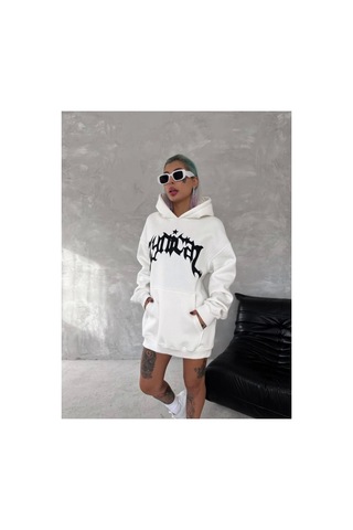 Butik İstanbul Unisex Üç İplik Kapşonlu Baskılı Sweatshirt - Beyaz