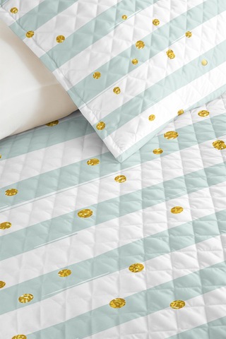 Mint Çizgili Genç Odası Tek Kişilik Pike Takımı - Altın Puantiyeli 160x220 Cm Kapitone Yatak Örtüsü Hafif Rota Sarmalı