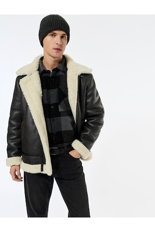Koton Kapaklı Cepli Çıtçıt Düğme Detaylı Slim Fit İçi Peluş Yaka Suni Süet Ceket Siyah 6wam20103hw