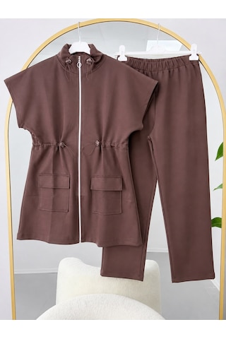 Lovie Moda Kadın Bel Büzgülü Yelekli Tesettür Pantolonlu Takım Kahverengi Lovie Moda Kadın Bel Büzgülü Yelekli Tesettür Pantolonlu Takım Kahverengi
