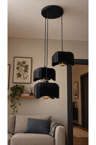 Beton Görünümlü 3'lü Kare Sarkıt Avize Modern Bohem Salon Yemek Masası G95 Rustik Led Ampul Hediyeli Siyah