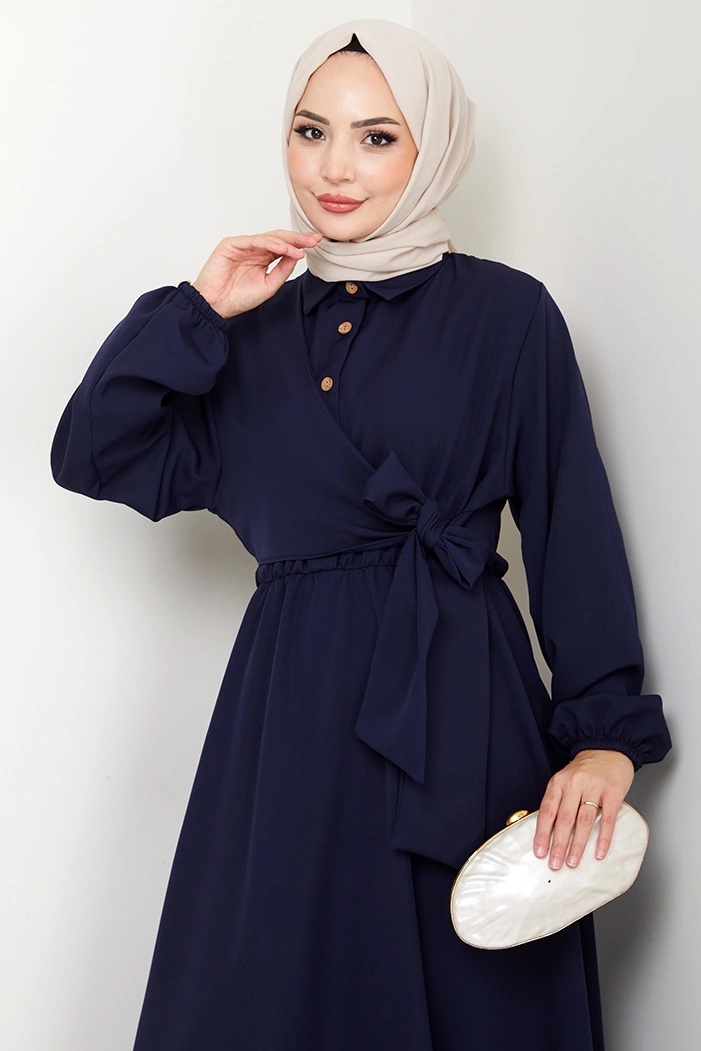 Çapraz Bağlamalı Gömlek Yaka Elbise 1636 - Lacivert Lacivert