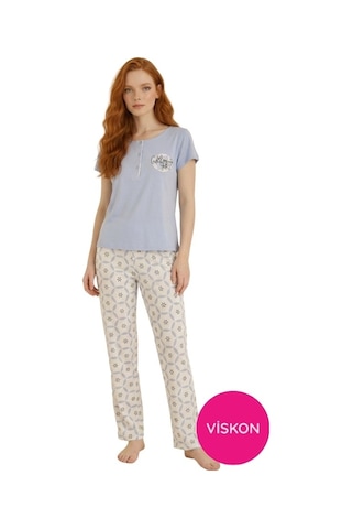 Seamlife Kadın Desenli Düğmeli Bisiklet Yaka Kısa Kol Pijama Takımı-slim Fit Yazlık Homewear mavi