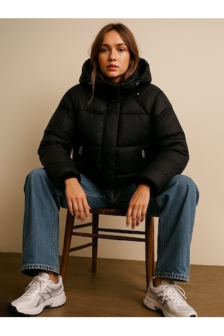 Kapüşonlu Fermuarlı Şişme Siyah Mont Siyah
