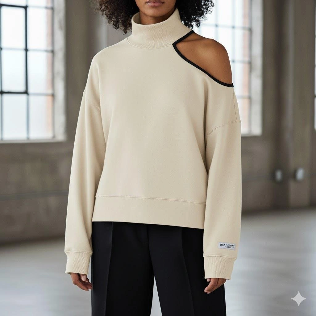 Modern Açık Omuz Tek Omuz Balıkçı Yaka Kadın Sweatshirt - Krem Rengi Krem