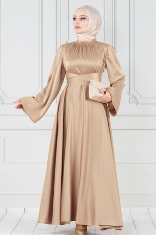Çapraz Kuşaklı Saten Abiye Elbise-bej-3856