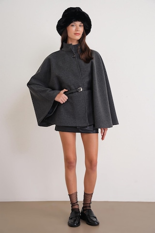 4768 Kadın Kemerli Panço Premium Kaşe Ceket Antrasit Antrasit