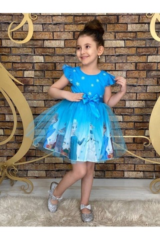 Neşeli Bebe Frozen Elsa Temalı Yazlık Kız Çocuk Elbise 4-7 Yaş Hafif Kumaş Günlük Kullanıma Uygun Mavi