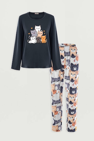 Kadın Gri Pamuklu Kedili Örme Pijama Takımı Kk70632 Gri - Füme