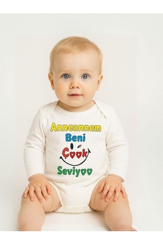 Zekids Bebek Anneannem Beni Çok Seviyor Yazılı Pamuklu Uzun Kol Çıtçıtlı Body-16096 Ekru