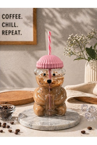 Cam Ayıcık Pipetli Soğuk İçecek Kahve Bardağı Bear Bardak 550 Ml Pembe