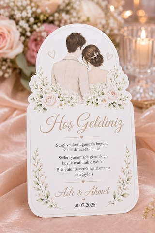 30 Adet Gelin Damat Özel Kesim Masa Hoşgeldiniz Kartı - Masa Kartı - Teşekkür Kartı