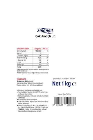 Sinangil Un 1 Kg Çok Amaçlı Buğday Unu, Ev Ve Profesyonel Kullanım