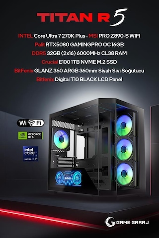 Game Garaj TITAN-R5 Ultra 7 270K RTX5080 32 GB 1 TB SSD Free Dos Oem Paket Masaüstü Oyuncu Bilgisayarı