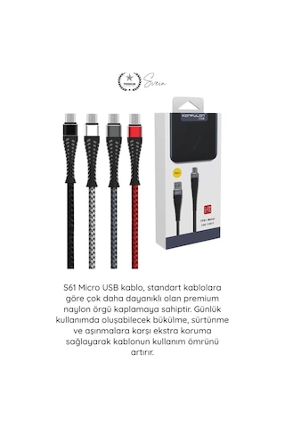 Şarjkablo Süper Hızlı Destekleyici S61 Micro Usb Kablo 1.2m 2.1a Hızlı Şarj Veri Aktarım Naylon Örg Kırmızı