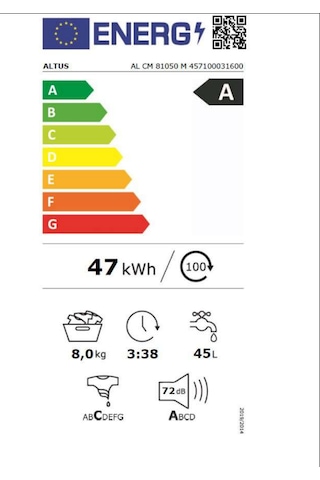 Altus AL CM 81050 M A Enerji Sınıfı 8 Kg 1000 Devir Çamaşır Makinesi