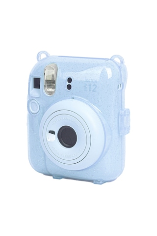 Fujifilm Instax Mini 12 Fotoğraf Makinesi + 10'lu Film + Kıskaçlı Resim Standı + Simli Pleksi Kılıf Seti Mavi