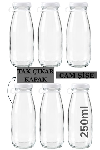 6 Adet Şeffaf Süt, Ayran, Limonata, Meşrubat Cam Şişe 250 Ml Tak Çıkar Plastik Kapaklı Şişe