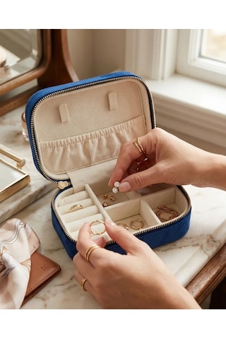 Takı Kutusu Düzenleyici Seyahat Çantası Kolye Yüzük Küpe Organizer Kadife Lacivert 12cmx8cm