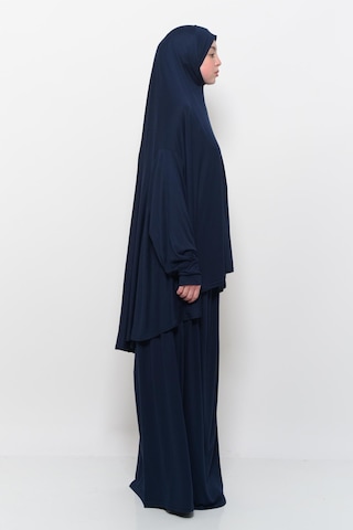 Pratik 2 Parça Pamuklu Yarasa Kollu Başörtülü Tesettür Namaz Elbisesi Koyu Lacivert Antrasit