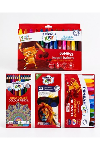 Pensan Kidz 4 Lü Boyama Seti 12 Renk Keçeli Kalem Pastel Sulu Boya Kuru Boya Okul Seti Çok Renkli