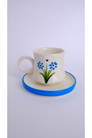 2 Li Takım Mavi Papatya Desenli, El Yapımı Kazan Seramik Kahve Fincanı, Kahve Fincanı, Hand Made Beyaz