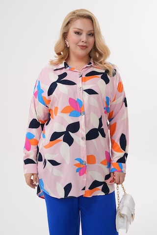 Polologin Butik Yaprak Desenli Pembe Viskon Tunik Pembe
