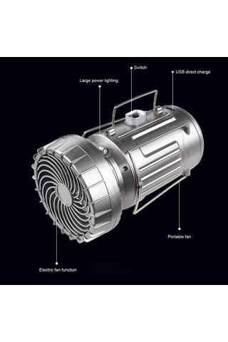 Padalink 3 Lü Fonksiyonel Kamp Feneri, Fan Ve Güneş Enerjisi Şarjlı Taşınabilir Outdoor Aydınlatma Gümüş