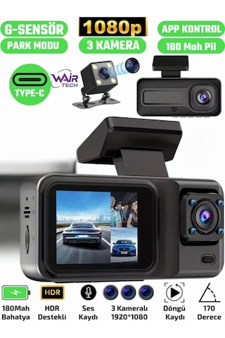 A98 Full Hd 3 Kameralı Araç Içi Güvenlik Kamerası 64gb Uyumlu Ir Gece Görüşü, Ön-arka-iç Kayıt