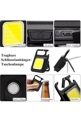 Anahtarlık Şeklinde Metal Kasa Cob Kare Fener Kamp & Outdoor Suya Dayanıklı Mini Cob Led Işıldak, Type C Şarjlı, Mıknatıslı Taşınabilir El Feneri Anahtarlığı Diğer