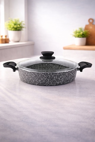Diez 28 Cm Granit Basık Tencere Gri Yapışmaz Karnıyarık & Pilav Tenceresi Cam Kapaklı