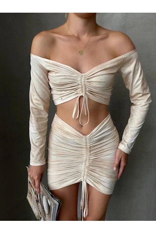 Büzgülü Etek Bluz Takım Bej S24709 Bej