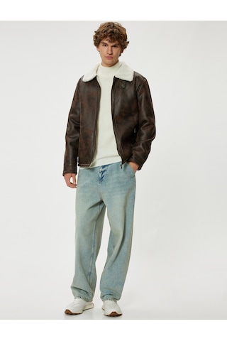 Koton Suni Deri Ceket İçi Peluşlu Slim Fit Gömlek Yaka Kahverengi 5wam20053hw Kahverengi