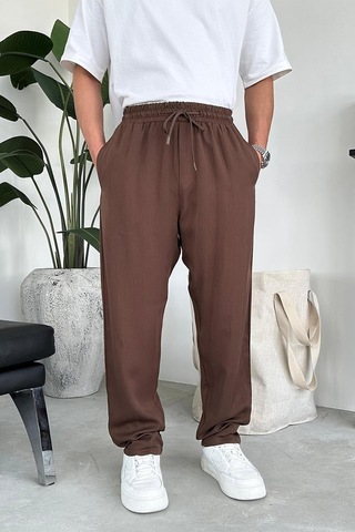 Kahverengi Tensel Kumaş Basic Baggy Pantolon Kahverengi