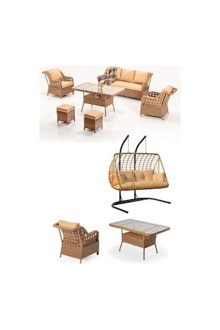 Dora Garden Home Ecem 7 Kişilik Rattan Bahçe Mobilyası Ve 2 Kişilik Rattan Salıncak Seti Kahverengi Siyah Çizgili