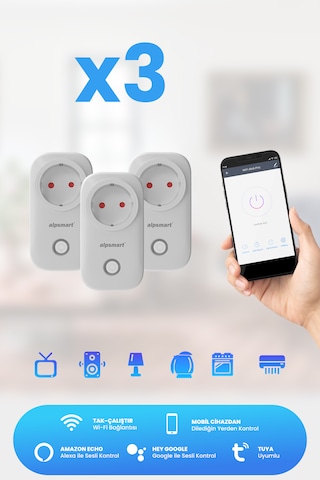 Alpsmart As816 Eu 3 Lü Set Wifi Akıllı Priz Uzaktan Kontrol Tuya
