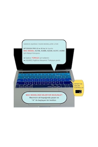 Türkçe Q Keyboard Cover Macbook Pro Touch Bar 13 İnç 15 İnç Uyumlu A1706 A1989 A2159 A1707 A1990 Us Ansı Amerikan Düz Enter Silikon Klavye Koruyucu Lacivert Mavi