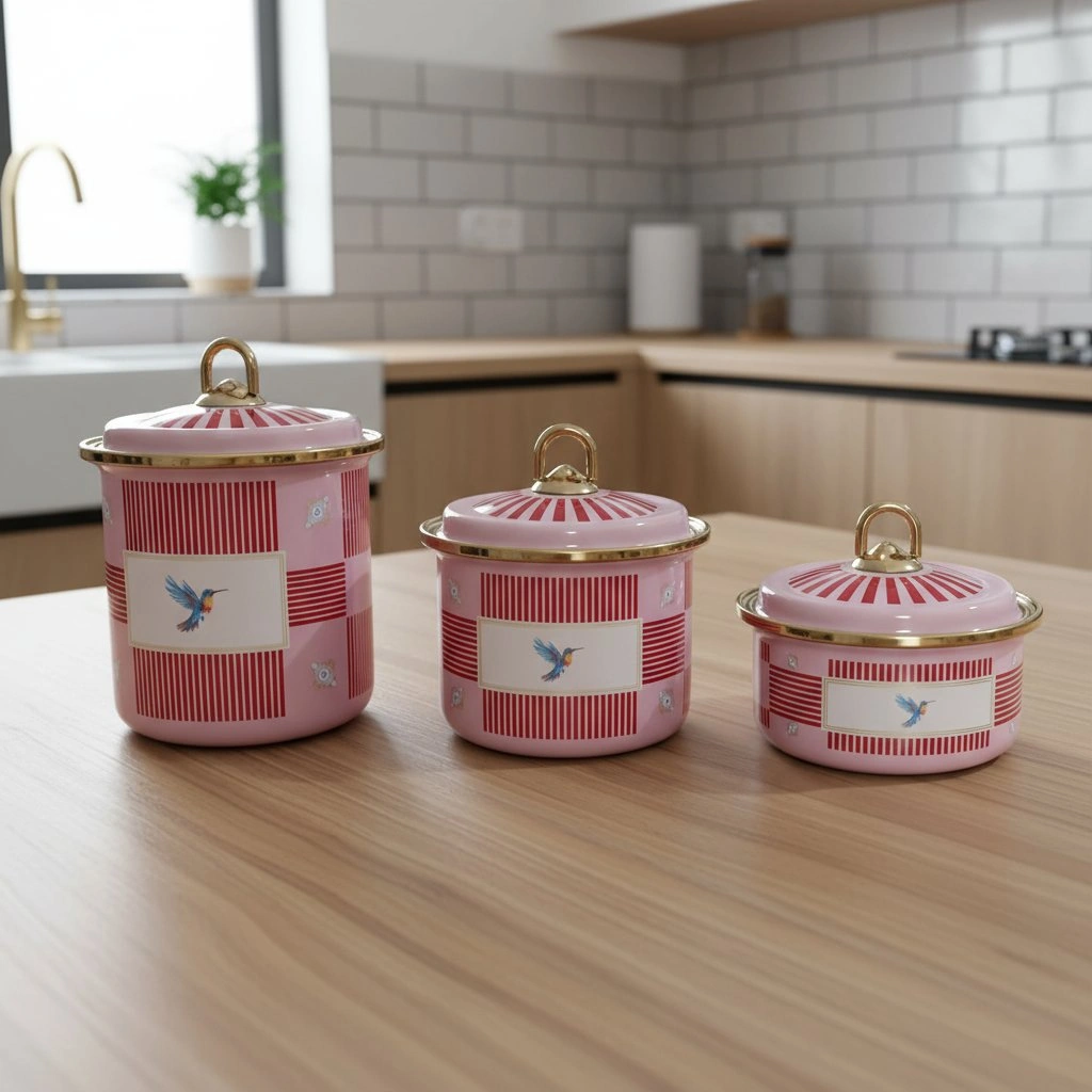 3 Lü Bird Studio Pembe Renk Kuş Desenli Emaye Tezgah Üstü Kavanoz Takımı - 950-650-400 Ml. Pembe