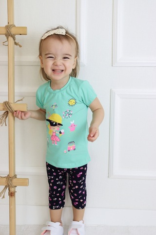 Harika Kids Kız Bebek Kaprili Kısa Kollu Kız Desen Baskılı Yazlık Basic Alt-üst Takım 6-24 Ay 001