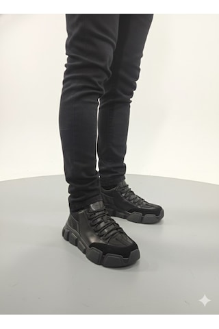 Marcomen Hakiki Deri Kalın Taban Bağcıklı Erkek Sneaker Ayakkabı 20006 Siyah