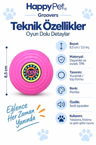 Happy Pet Groovers Tpr Dayanıklı Sesli Köpek Topu Oyuncağı 8,5 Cm Pembe
