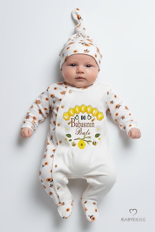 Babyden's Babasının Balı Yazılı Yenidoğan Bebek Tulumu Şapka Seti Arı Desenli %100 Pamuk Unisex Bebek Tulum Ekru - Sarı