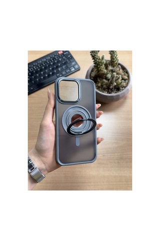 Apple iPhone Uyumlu 14 Pro Max Standlı Ve Yüzüklü Magsafe Kılıf Soocase721 Kahverengi