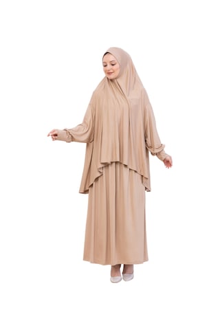 Modish Group İki Parça Namaz Elbisesi Uzun Pamuklu Tesettür Giyim Abaya & Başörtüsü Set Koyu Vizon